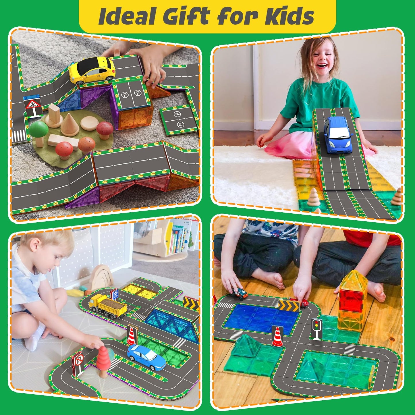 64-piece Magnetic Building Blocks Road Set with magnetic tiles STEM toy for 3 year old boys and girls. Customized birthday gifts for children aged 3-8 years.