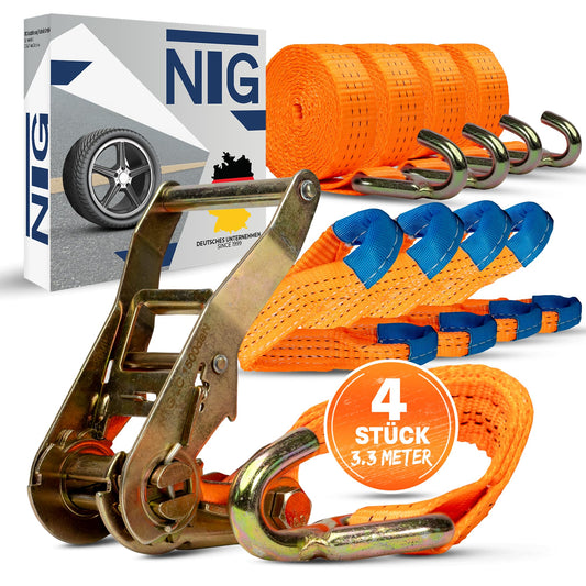 4 ratchet straps for car transport | 35mm | Length 3300mm | 3000 daN | lashing strap | wheel securing | car | tire strap | trailer | commercial vehicle | 35 mm