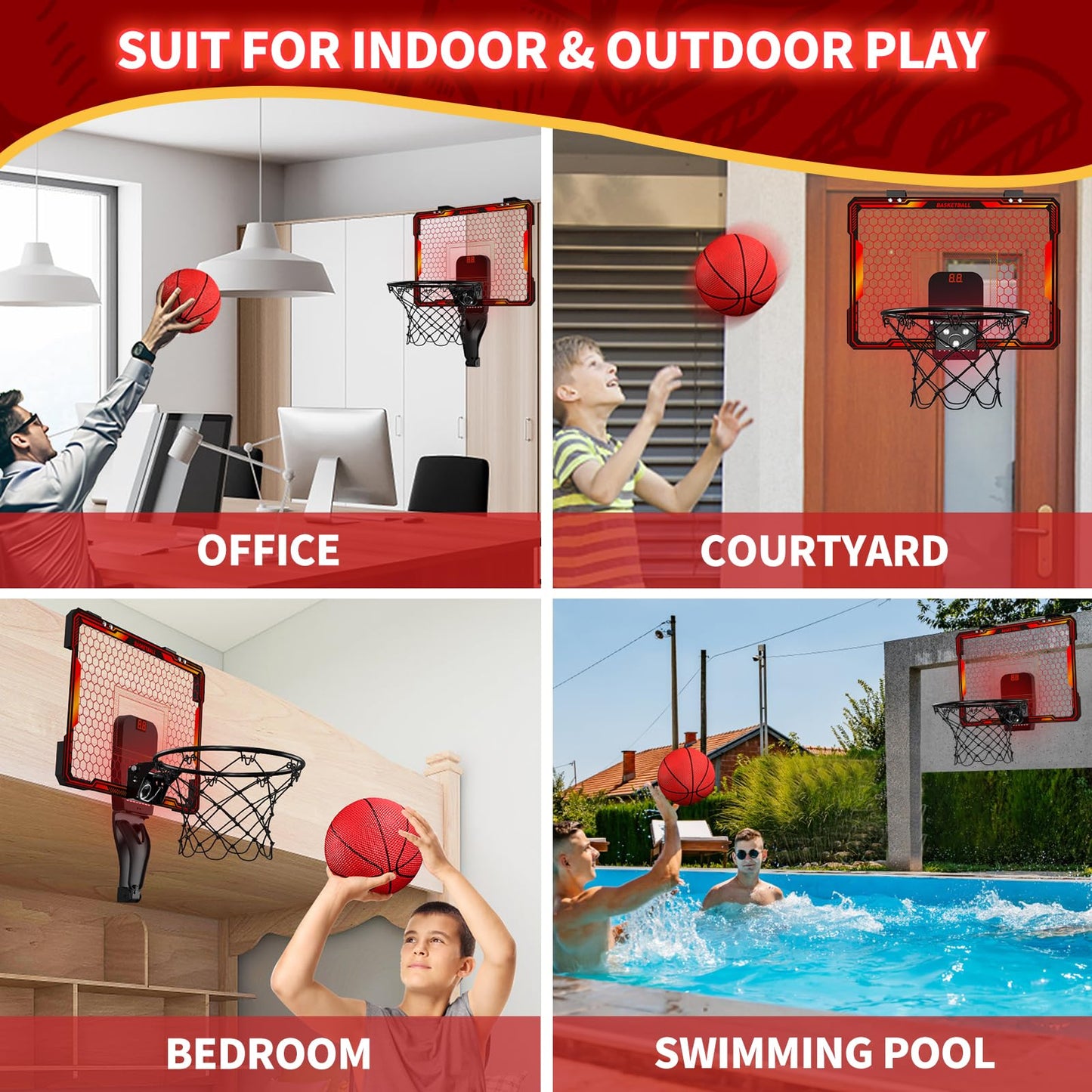 HYES Mini Basketball Hoop with 7 Lights for Kids, 3 Modes, Electronic Scoreboard, 3 Balls, Pump, Indoor Outdoor Sports Toy, Red