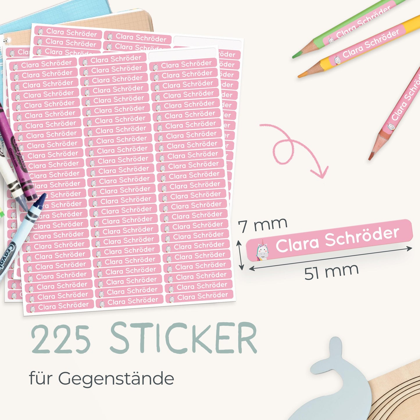 melu kids® Name Stickers for School & Daycare (225 pieces) - Personalized stickers with names for pencils and all school supplies - Water-resistant in dishwasher (Pink)