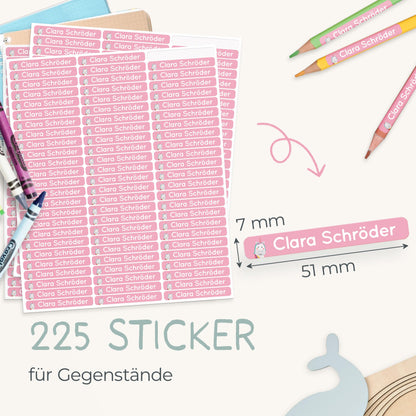 melu kids® Name Stickers for School & Daycare (225 pieces) - Personalized stickers with names for pencils and all school supplies - Water-resistant in dishwasher (Pink)