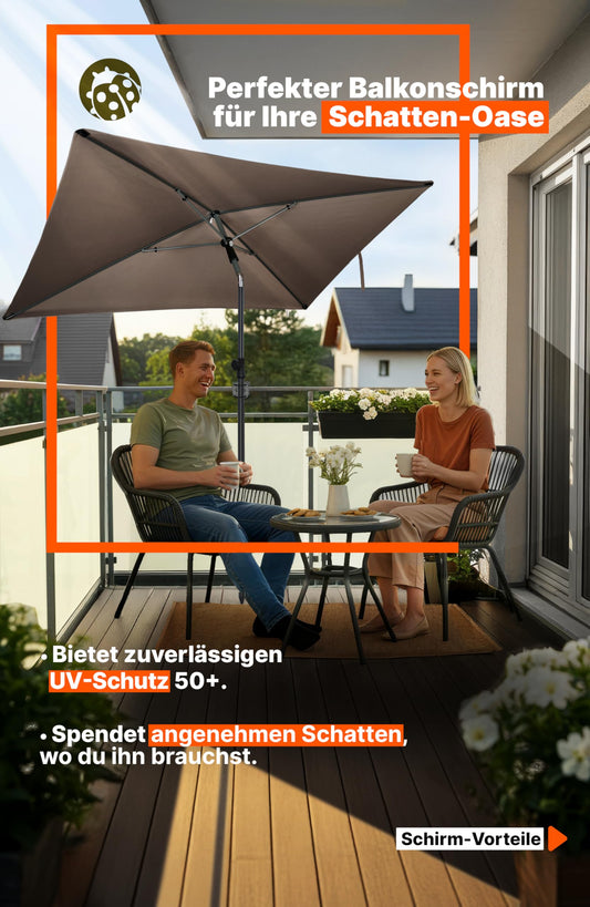 4smile balcony umbrella 200x125 cm with cover, Taupe - UV50+ rectangular and adjustable height sun umbrella, perfect for balcony sun protection as a replacement for cantilever umbrellas.