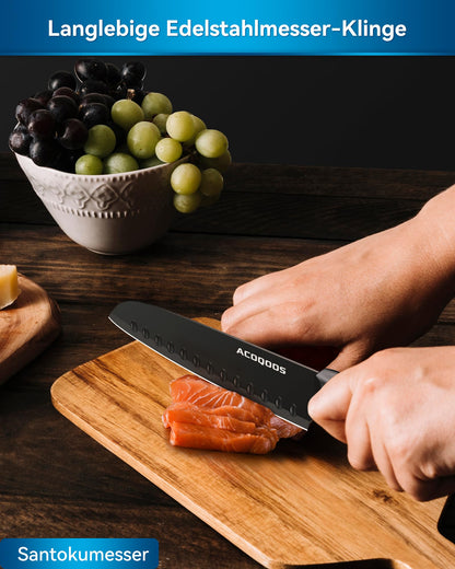 ACOQOOS Knife Block with 10 Pieces of Knives, Knife Set with Built-in Sharpener for Kitchen Use - Black kitchen knife Set