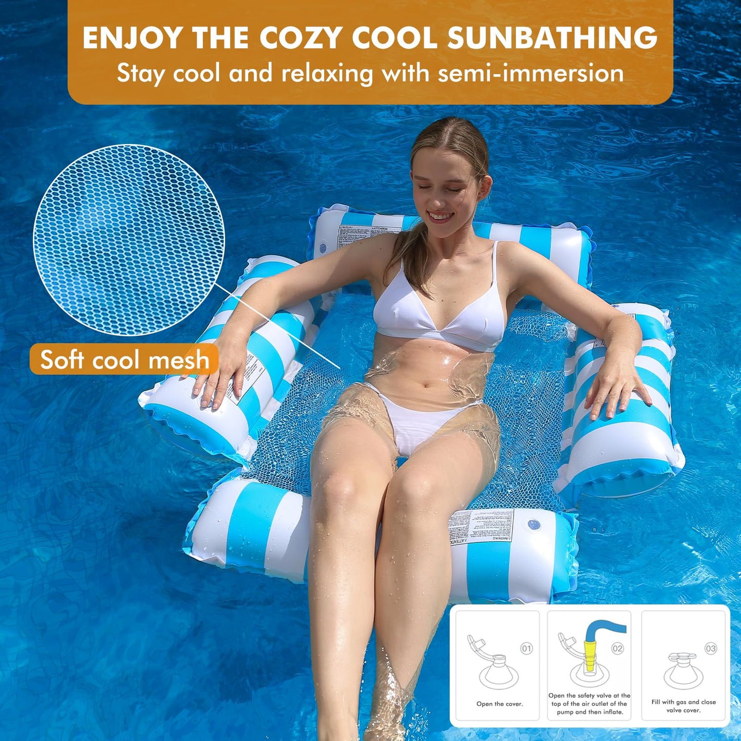 Inflatable pool float chair lounge for adults and kids, swimming, striped pattern float hammock for pool party summer water fun (Navy Blue+Light Blue+Pink)