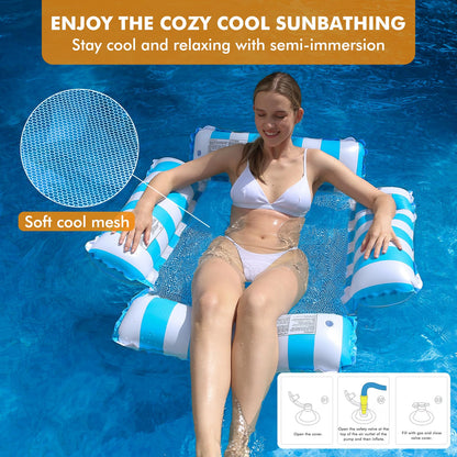 Inflatable pool float chair lounge for adults and kids, swimming, striped pattern float hammock for pool party summer water fun (Navy Blue+Light Blue+Pink)