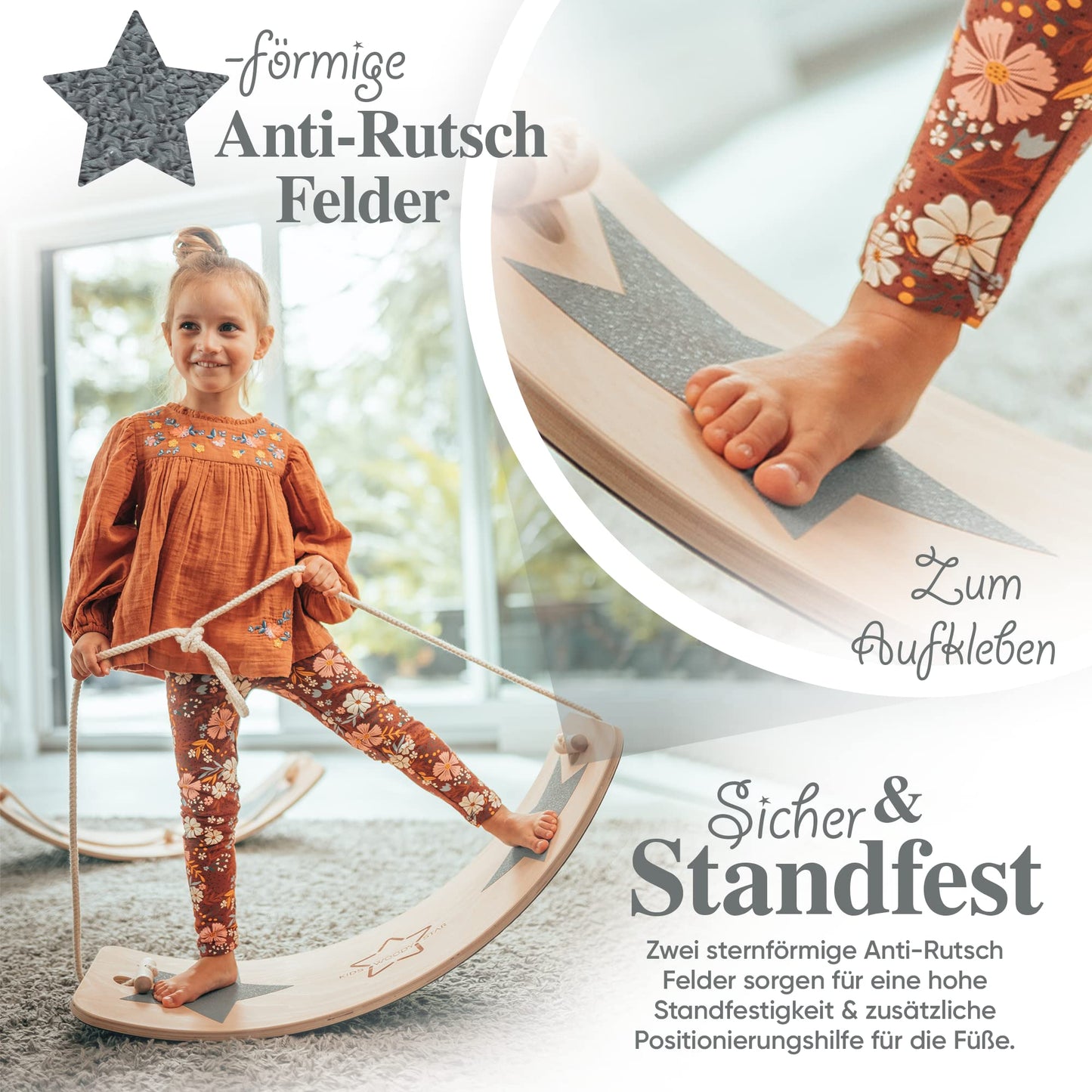 Kids Woody Star® Balance Board Children Wooden 80x30cm [EXTRA Rope+Felt+Anti-Slip] Montessori Toy from 3 years | Rocking Board Balance Board | Balancing Children Wooden Toy | Balance Board