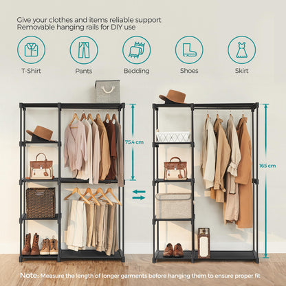 SONGMICS Open Wardrobe, Clothes Rack, Hanging Rail, Wardrobe, 2 Hanging Compartments, ample space, for Bedroom, Living Room, 112 x 43 x 165 cm, black RYG24BK