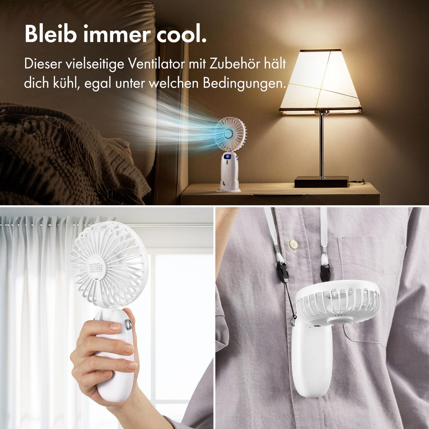 VonHaus handheld fan - lightweight, portable, small USB fan with 5 speeds - folds up 90°, with 60cm strap and phone holder - mini fan for desk, home, office (white)