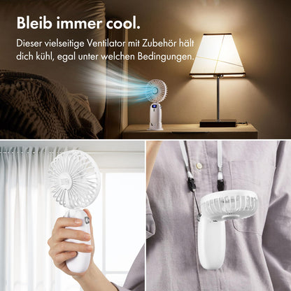 VonHaus handheld fan - lightweight, portable, small USB fan with 5 speeds - folds up 90°, with 60cm strap and phone holder - mini fan for desk, home, office (white)
