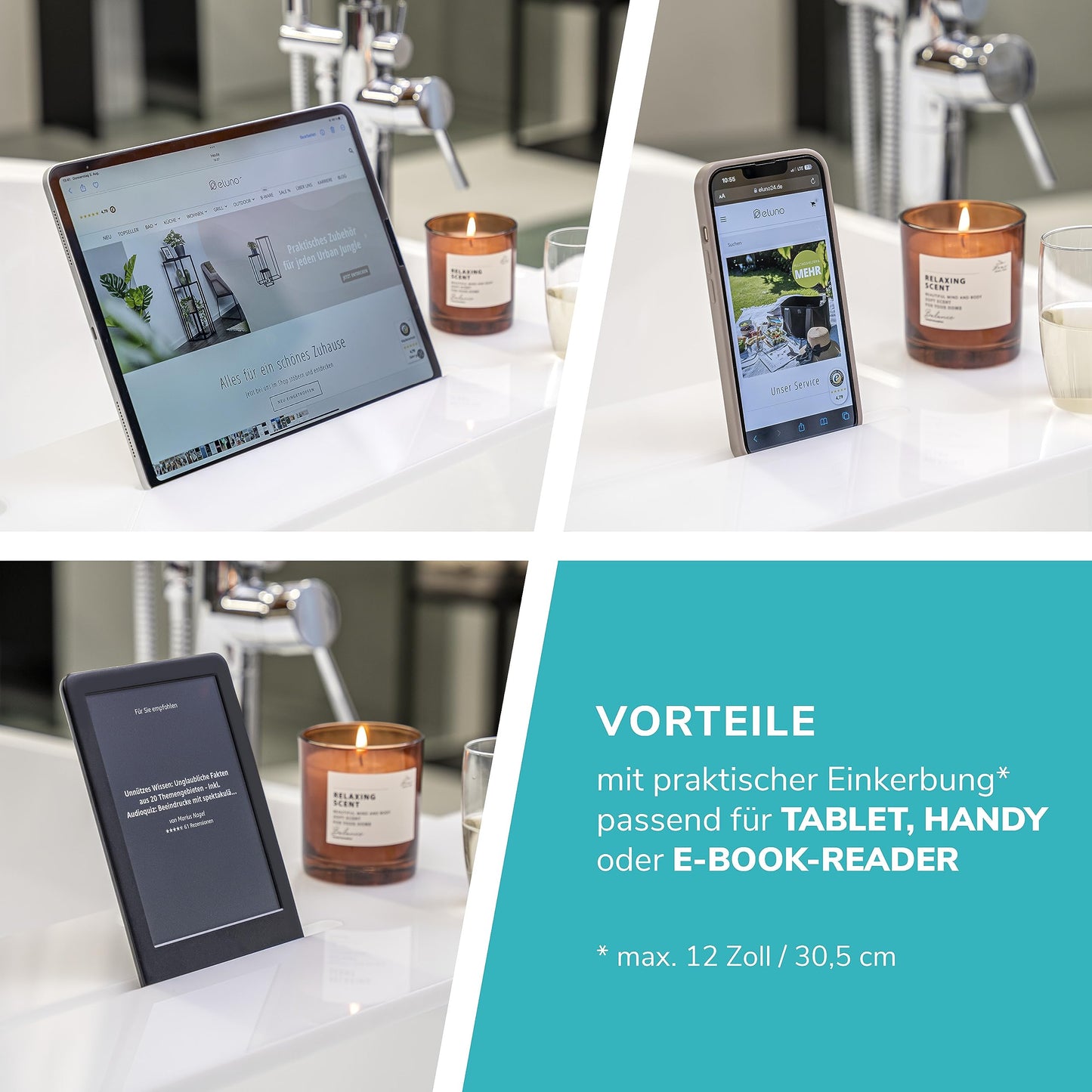 eluno bathtub tray with drink holder and tablet slot made of acrylic, approx. 90 cm (white/high-gloss)