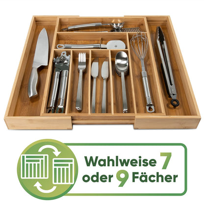 Loco Bird bamboo cutlery tray for drawers, extendable up to 50cm. Adjustable drawer insert for kitchen utensils. Wooden cutlery organizer for kitchen drawers.