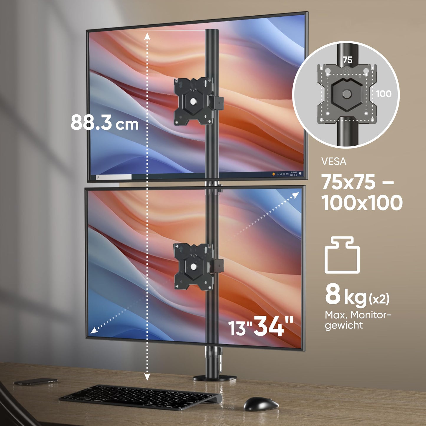 ONKRON dual monitor mount for 13-34 inch screens up to 8 kg per arm, VESA 75x75-100x100, adjustable stand for two monitors stacked vertically, black D208E-B.