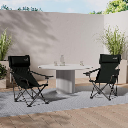 Luxury folding chair with drink holders, padding, and armrests in green.