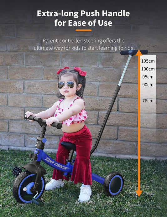 Besrey 7 in 1 toddler tricycle with steering push handle for 1-5 years, foldable wheels, toddler bike with wheel coupling, larger wheels, removable pedals, adjustable seat height, Blue