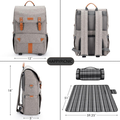 HappyPicnic insulated picnic backpack for 4 people with complete tableware set, spacious cooler compartment, bottle holders, and large waterproof picnic blanket.