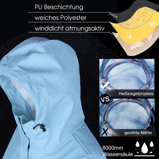 Women's waterproof raincoat, breathable rain jacket, long windbreaker, lightweight transitional jacket, Friesian summer coat, blue, size 38.