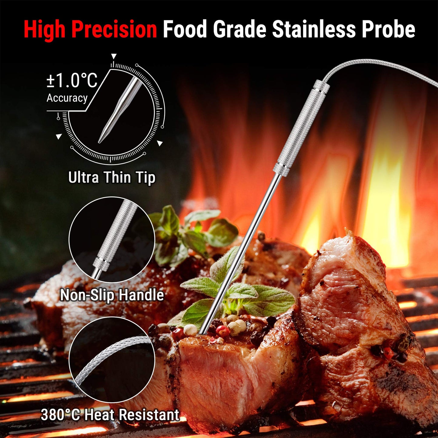 ThermoPro TP17H Digital Grill Thermometer Meat Thermometer Oven Thermometer with 4 Stainless Steel Probes, Blue Backlight, Wine Thermometer Temperature Range up to 300°C