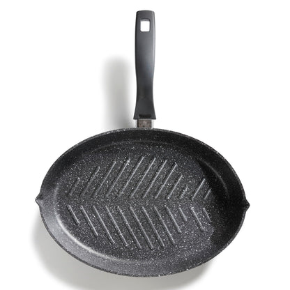 STONELINE XXL pan oval fish pan schnitzel pan 35 x 24 cm, die-cast pan with lid suitable for induction, grill pan universal pan large pan coated with real stone particles.