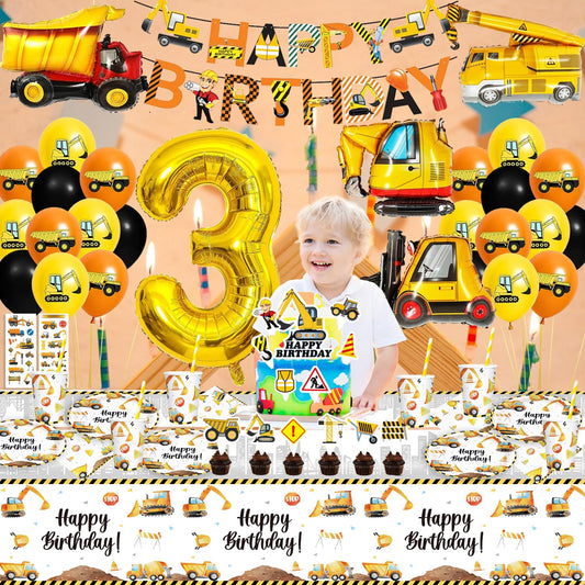 Excavator Party Tableware for Kids' 3rd Birthday, Excavator Birthday Decor for 3-Year-Old, Excavator Decor for Kids' 3rd Birthday, Birthday Decor for 3-Year-Old Boy, Excavator Balloons, Paper Plates, Tablecloth for 16 Guests