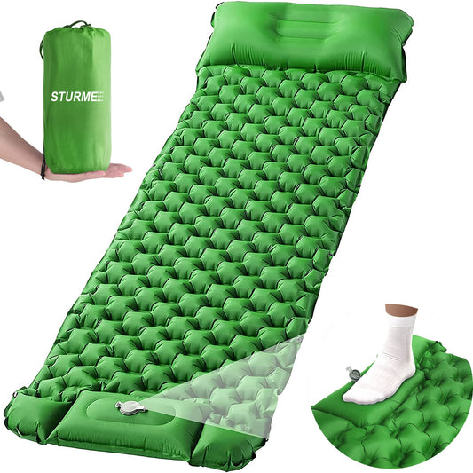 STURME Camping Mat Self Inflating Sleeping Pad with Foot Pump, Outdoor Inflatable Air Mattress Ultralight Sleeping Pad, Durable Mattress, Foldable Sleeping Mat with Pillow for Hiking, Outdoor - Green