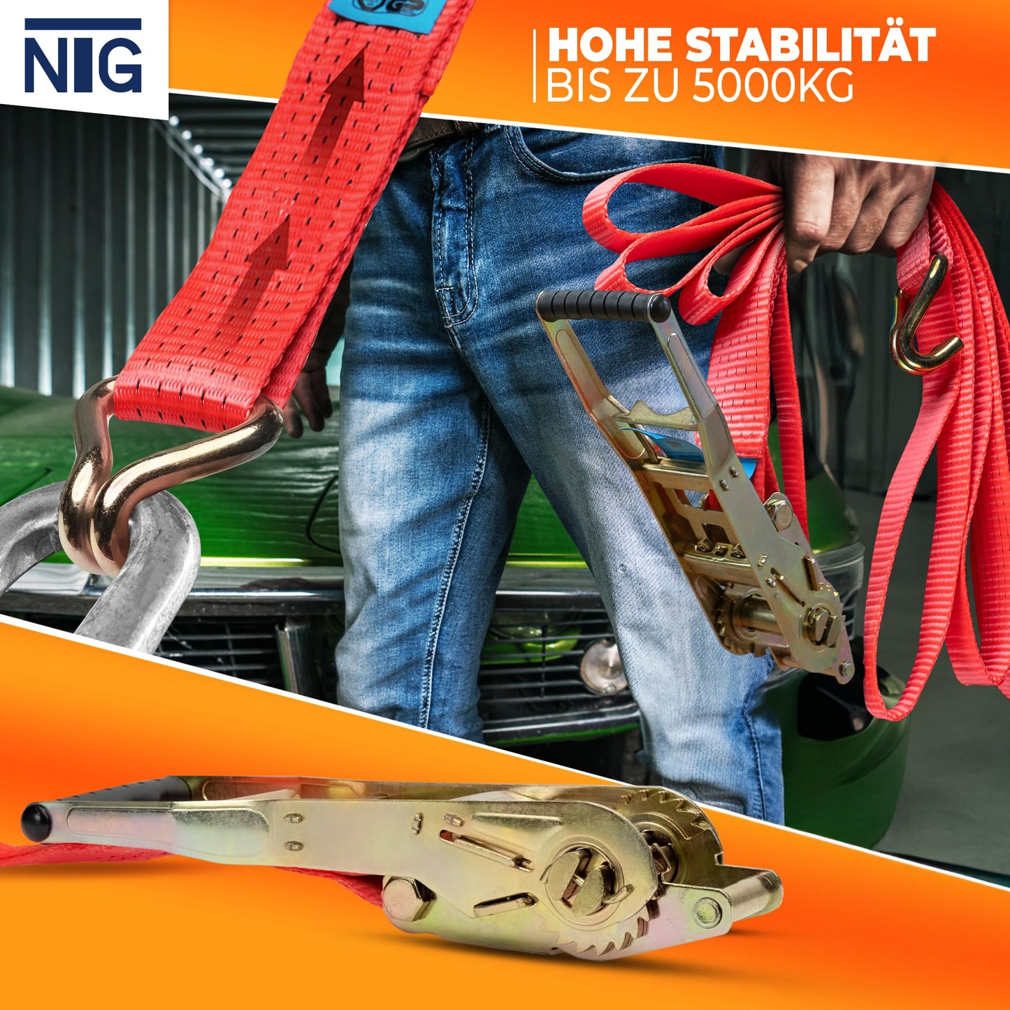 2 pieces of 5000kg 10m ratchet straps with ergo ratchet and hook, 2-part lashing strap for trucks, 50mm TÜV/GS approved.
