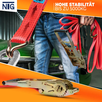 2 pieces of 5000kg 10m ratchet straps with ergo ratchet and hook, 2-part lashing strap for trucks, 50mm TÜV/GS approved.