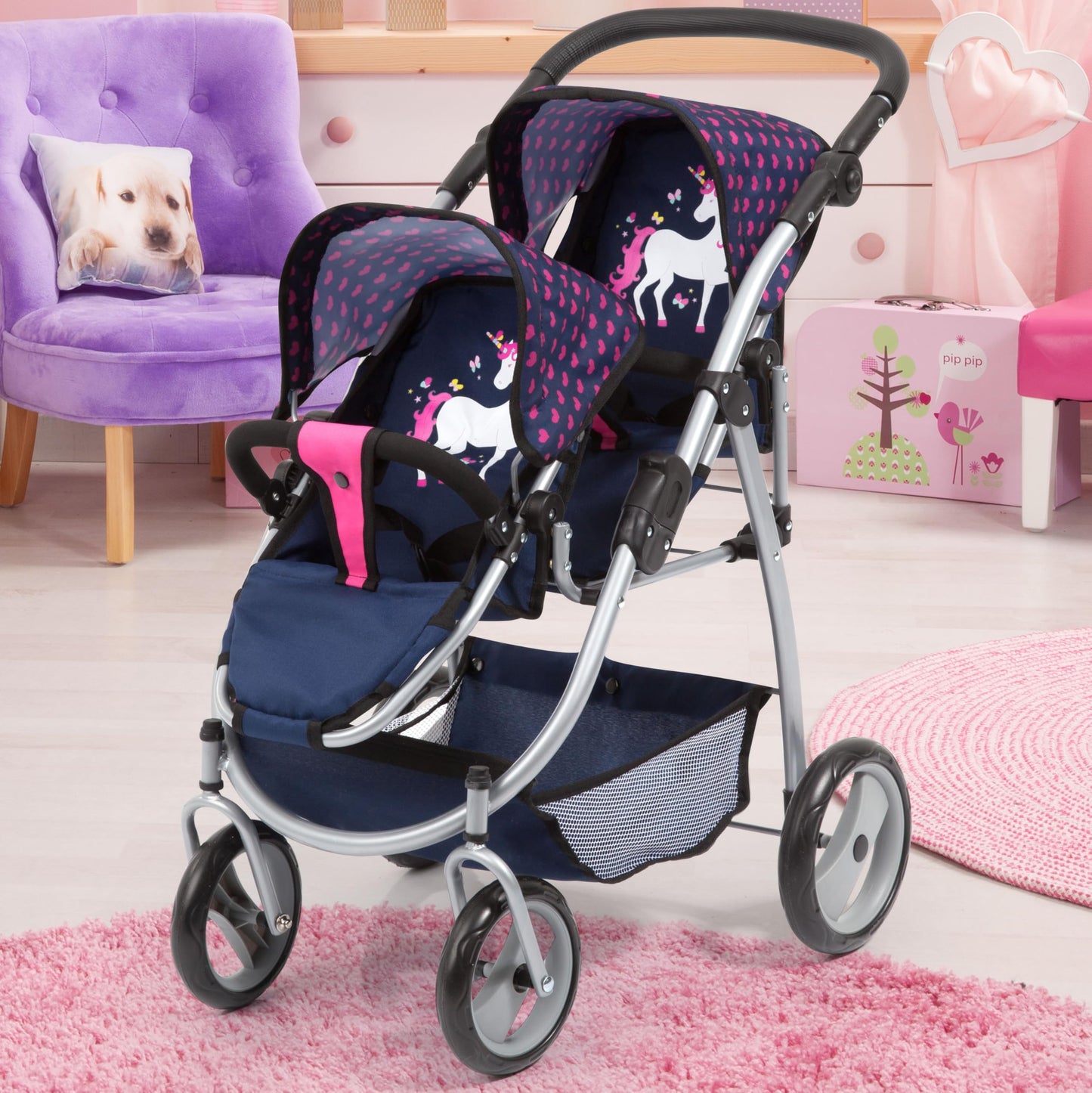 Bayer Design 26554AA Twin Dolls Pram, modern, adjustable handle, foldable, with unicorn design, blue pink, 46 cm