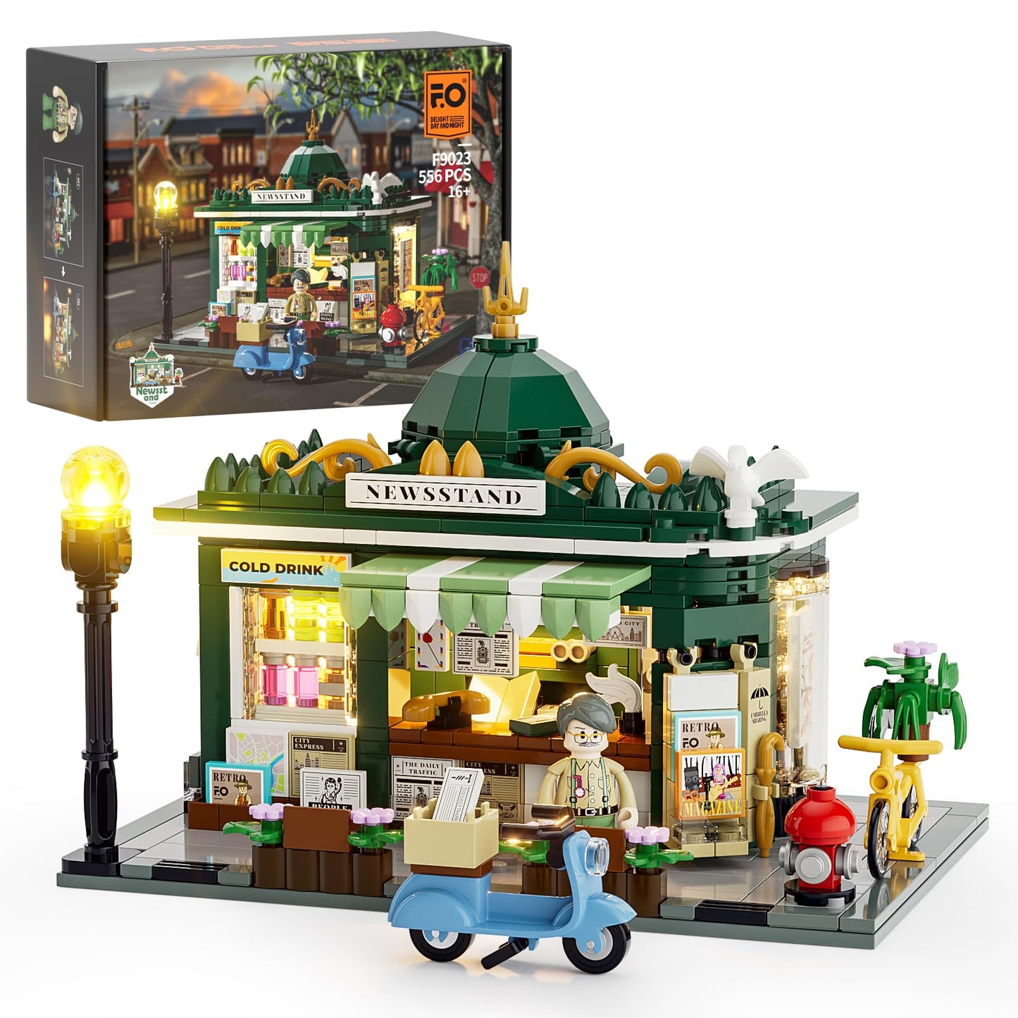 FUNWHOLE Kiosk Lighting Clamp Building House, Desk Decor, Retro Modular Building City Life Set, Gift for Adults and Teens, 556 Pcs, F9023, Newsstand