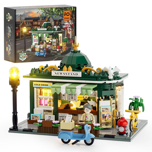 FUNWHOLE Kiosk Lighting Clamp Building House, Desk Decor, Retro Modular Building City Life Set, Gift for Adults and Teens, 556 Pcs, F9023, Newsstand