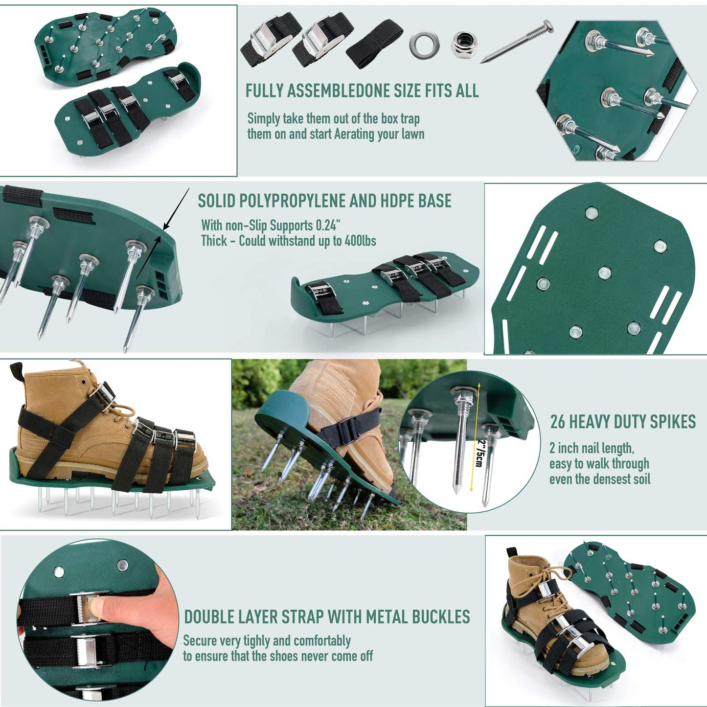 Hortem Lawn Aerator Shoes with 5 Adjustable Straps, Lawn Aerator Shoes Metal, Aerifier Garden Shoes, Universal Size fits Shoes or Boots for Lawn Yard.