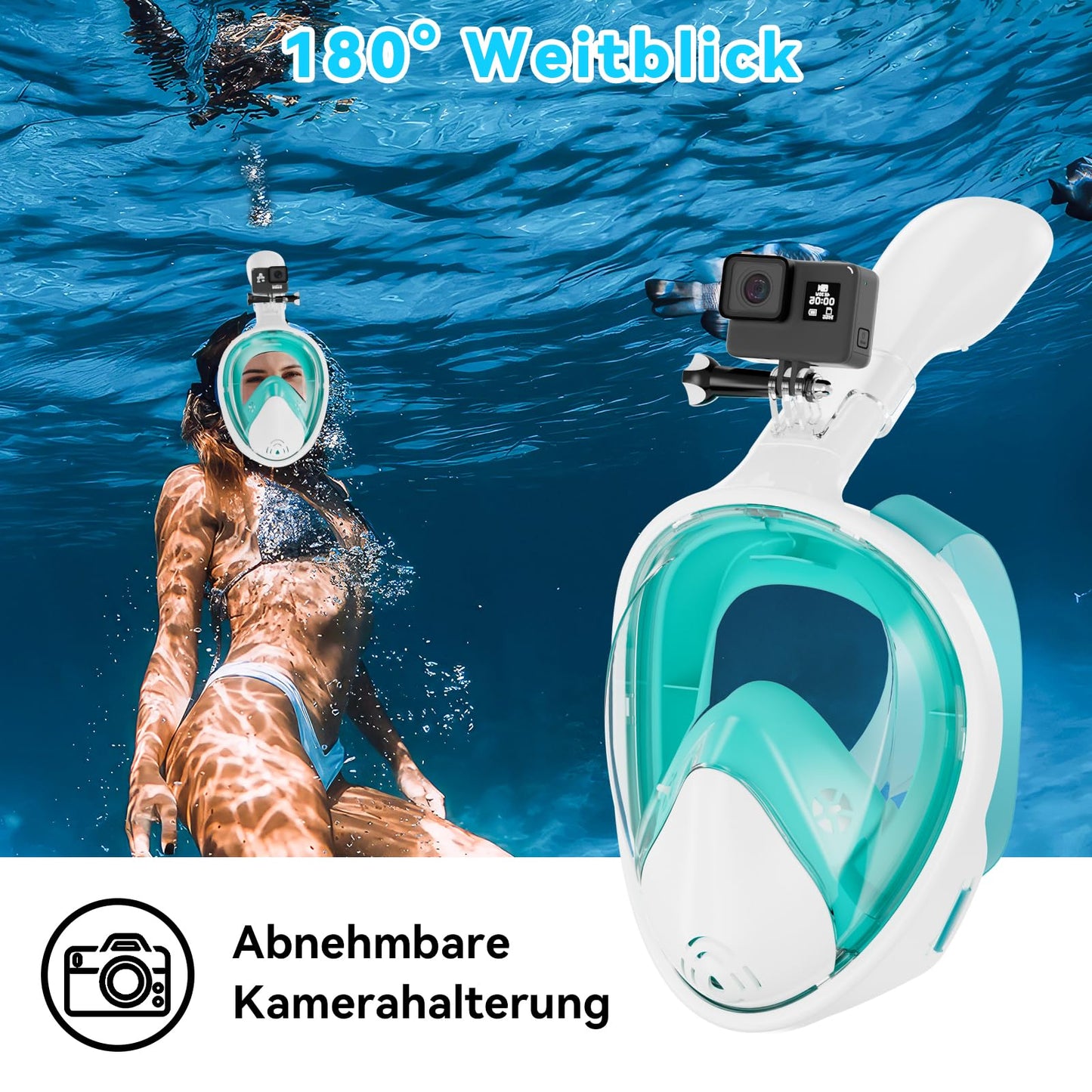 Adult Snorkel Mask Full Face, 180° Full Face Diving Mask / CO2 Safety, Anti-Fog and Anti-Leak Technology with Adjustable Head Straps, Compatible with Sports Cameras (Green, L/X)