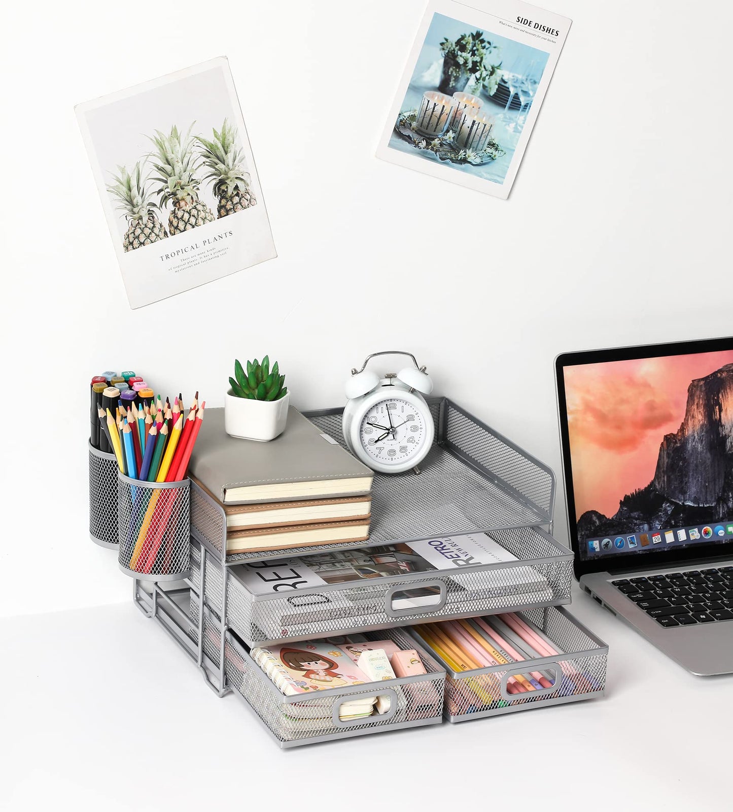 Vikmyer 3-Tray Desktop Organizer with Drawer, Mesh Office Desk Supplies Organizer Document Letter Tray Holder for Office Home (2 Pen Holders) Silver-3 Drawers