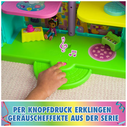 Gabby's Dollhouse, 15-piece Purrfect Party dollhouse play set in rainbow colors, over 60cm with Gabby figure, furniture, and sound effects, for ages 3+.
