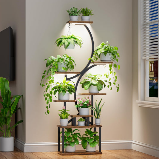BACEKOLL Plant Stand with Grow Light - 8 Tier Flower Stand 157cm Metal Wood Plant Shelf - Indoor & Outdoor Flower Steps - Decorative Black Flower Rack for Indoor Garden Balcony