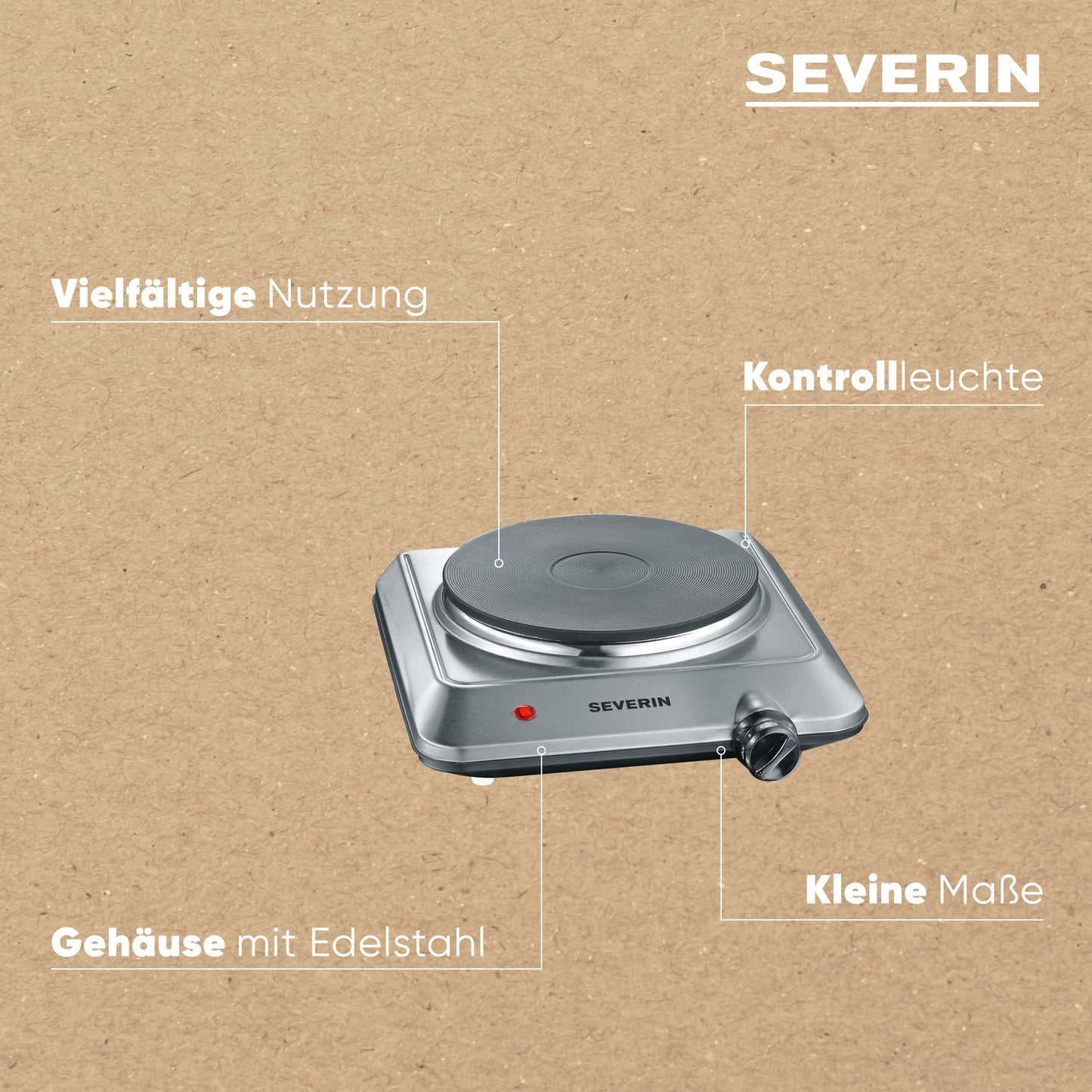 SEVERIN hot plate for kitchen, office, or camping, small stove with continuous temperature control, camping stove, heating ring with 18cm diameter, stainless steel, 1,500 W, KP 1092