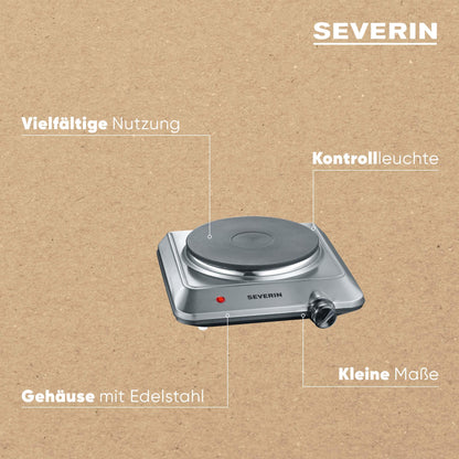 SEVERIN hot plate for kitchen, office, or camping, small stove with continuous temperature control, camping stove, heating ring with 18cm diameter, stainless steel, 1,500 W, KP 1092