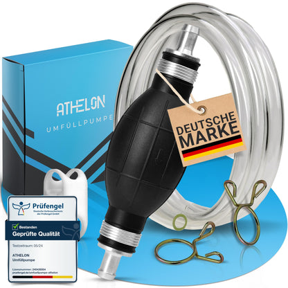 ATHELON® Hand pump for gasoline, diesel, water & oil - XL transfer pump including liquid regulator and 2m hose - Improved hose pump [2024] - Reliable & leak-proof.