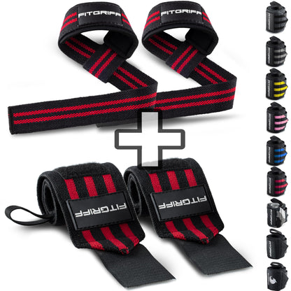 Fitgriff® wrist wraps + lifting straps (2 pack) - for strength training, fitness, bodybuilding, weightlifting, gym, powerlifting - for women and men (Black/Red)