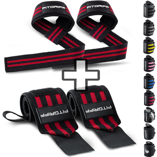 Fitgriff® wrist wraps + lifting straps (2 pack) - for strength training, fitness, bodybuilding, weightlifting, gym, powerlifting - for women and men (Black/Red)