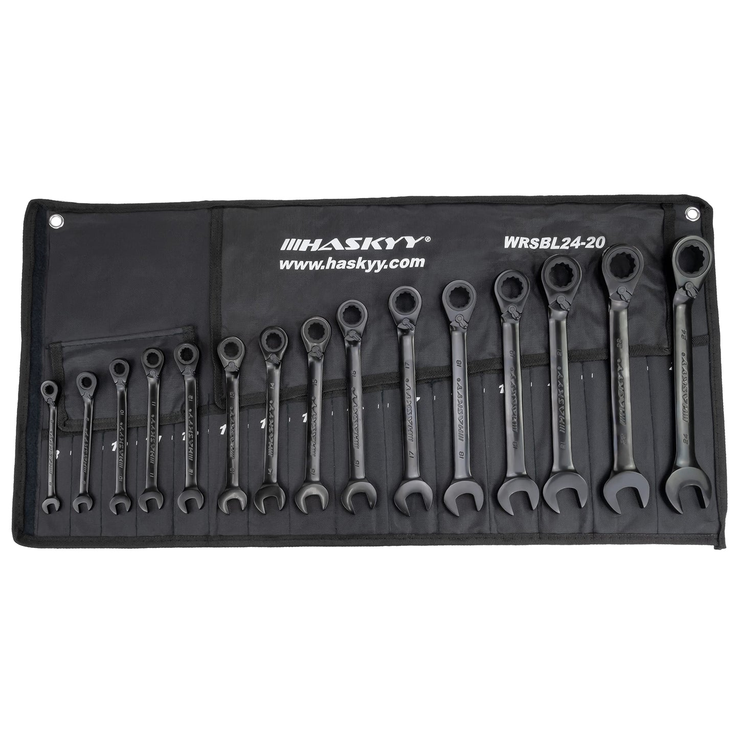 HASKYY 15-piece ring ratchet wrench set I Set 8-24 mm I BLACK I Ring combination wrench with ratchet set