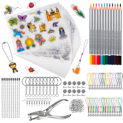 LUZOON Shrink Film 218 Pieces Shrink Film for Crafting Including A4 Shrink Film Set Keychains, Locks, Pencils, Hole Punch for Kids DIY Crafts (A4-with Pattern)