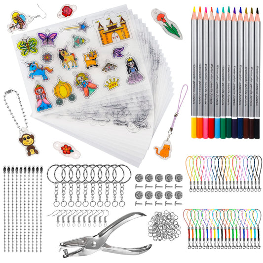 LUZOON Shrink Film 218 Pieces Shrink Film for Crafting Including A4 Shrink Film Set Keychains, Locks, Pencils, Hole Punch for Kids DIY Crafts (A4-with Pattern)