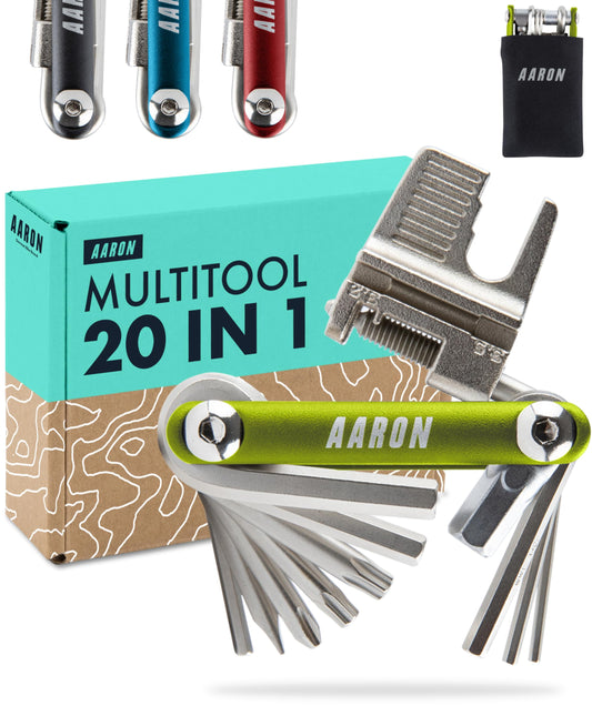 AARON Tool 20 in 1 Multitool - Bike multi-tool made of stainless steel/aluminum - foldable mini bike tool with many functions - practical green bike tool.