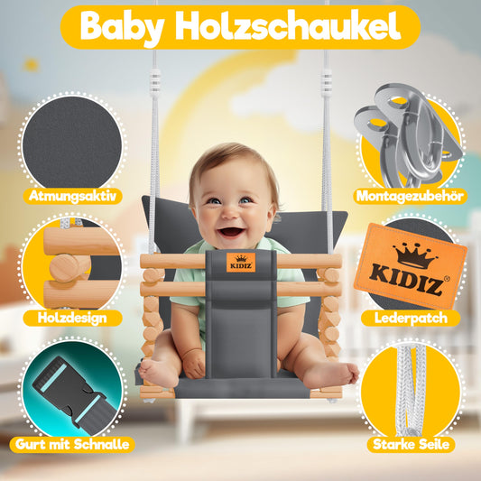 KIDIZ® Baby Swing Seat with Padding | Wooden Swing with Anti-Tip up to 60KG | Adjustable Height Indoors & Outdoors | 0.5-3 years | Mounting Accessories & Safety Belt Anthracite