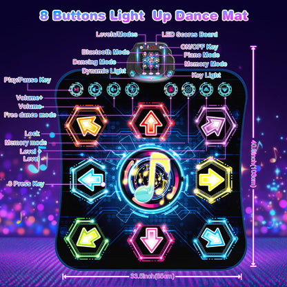 Dance mat for kids ages 3-12, 2025 Glow 8 Button Dance Mat with Bluetooth, Enhanced Flowing Light Control System with Stand, Toy Gift Girls 3 4 5 6 7 8 9 10 11 12 years