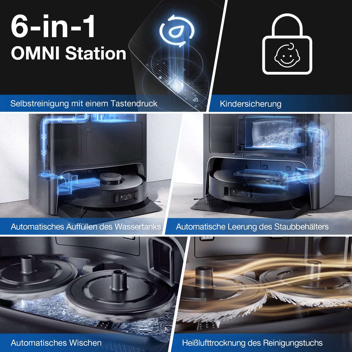 ECOVACS DEEBOT X1 OMNI, robot vacuum cleaner with mopping function and multifunctional cleaning station (dust emptying/water cleaning), 5000pa, 3D obstacle detection, 260 min battery, Yiko voice assistant