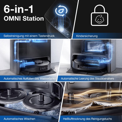 ECOVACS DEEBOT X1 OMNI, robot vacuum cleaner with mopping function and multifunctional cleaning station (dust emptying/water cleaning), 5000pa, 3D obstacle detection, 260 min battery, Yiko voice assistant