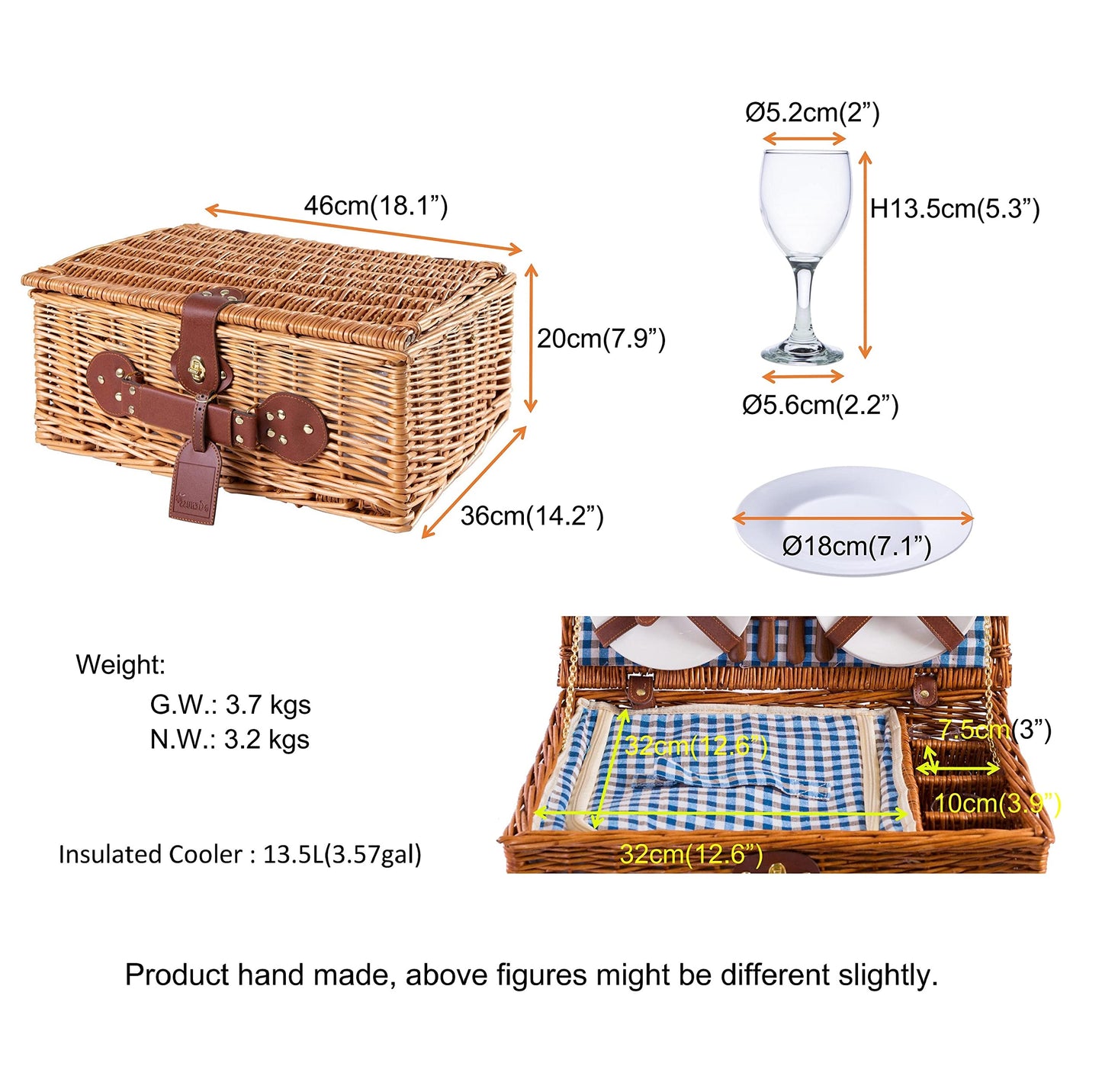 Enjoy Willow Wicker Picnic Basket for 4 with Cooler & Picnic Accessories - Tableware, Cutlery, Wine Glasses - Gift Idea for Camping, Outdoor & Family - BLUE