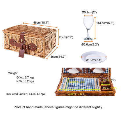 Enjoy Willow Wicker Picnic Basket for 4 with Cooler & Picnic Accessories - Tableware, Cutlery, Wine Glasses - Gift Idea for Camping, Outdoor & Family - BLUE
