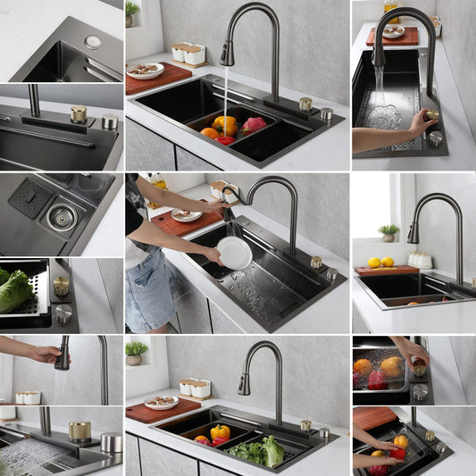 Waterfall kitchen sink. Versatile stainless steel single-bowl kitchen workstation sink. Waterfall pull-down faucet and complete accessory set. (Color: Black, Size: 68x45x22cm)